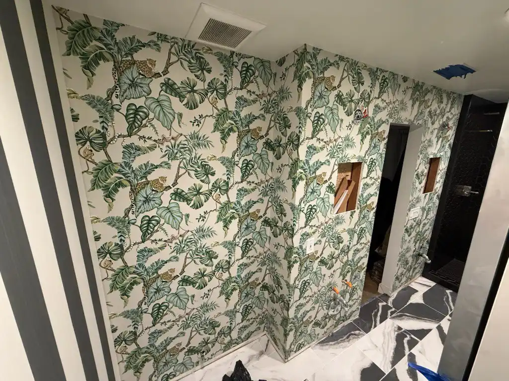 Professional wallpaper installation in a living room near Atlanta, GA
